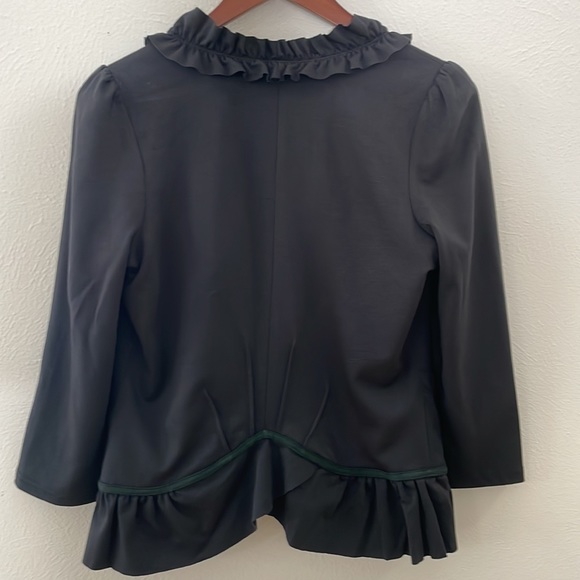 Anthro Cartonnier Black Ruffle Blazer Jacket with Green Piping Detail Size S - Picture 2 of 12